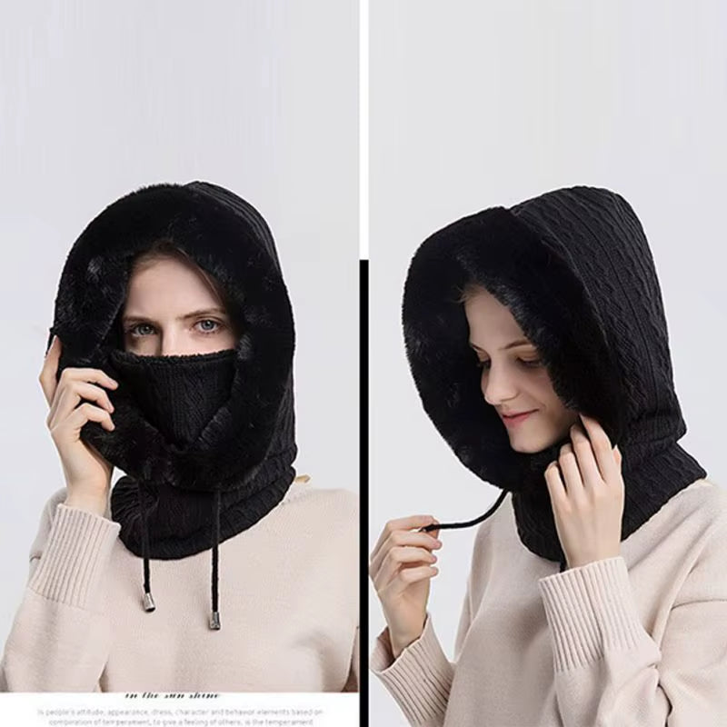 Women 3 In1 Knitted Caps Winter Warmer Unisex Hooded Hat Neck Collar Scarf Cap for Men&Women