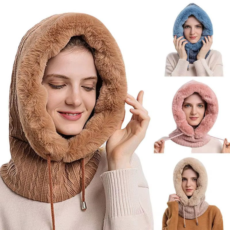 Women 3 In1 Knitted Caps Winter Warmer Unisex Hooded Hat Neck Collar Scarf Cap for Men&Women