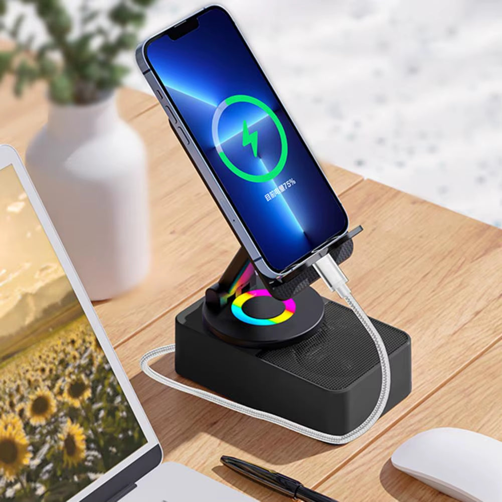 Bluetooth-Compatible Audio Power Phone Holder Rotating Phone Stand with Wireless Speaker Foldable Adjustable