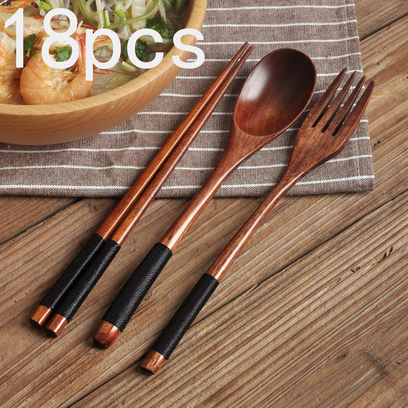 Wooden Tableware Set, 18 Counts Including Spoon, Chopsticks & Fork Set