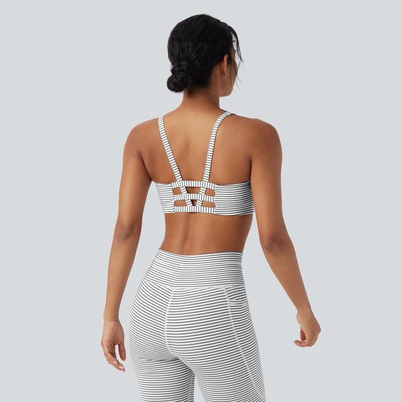 Halara 2-Piece Low Support U Neck Cut Out Stripe Yoga Sports Bra & Yoga Pants with Pockets Set