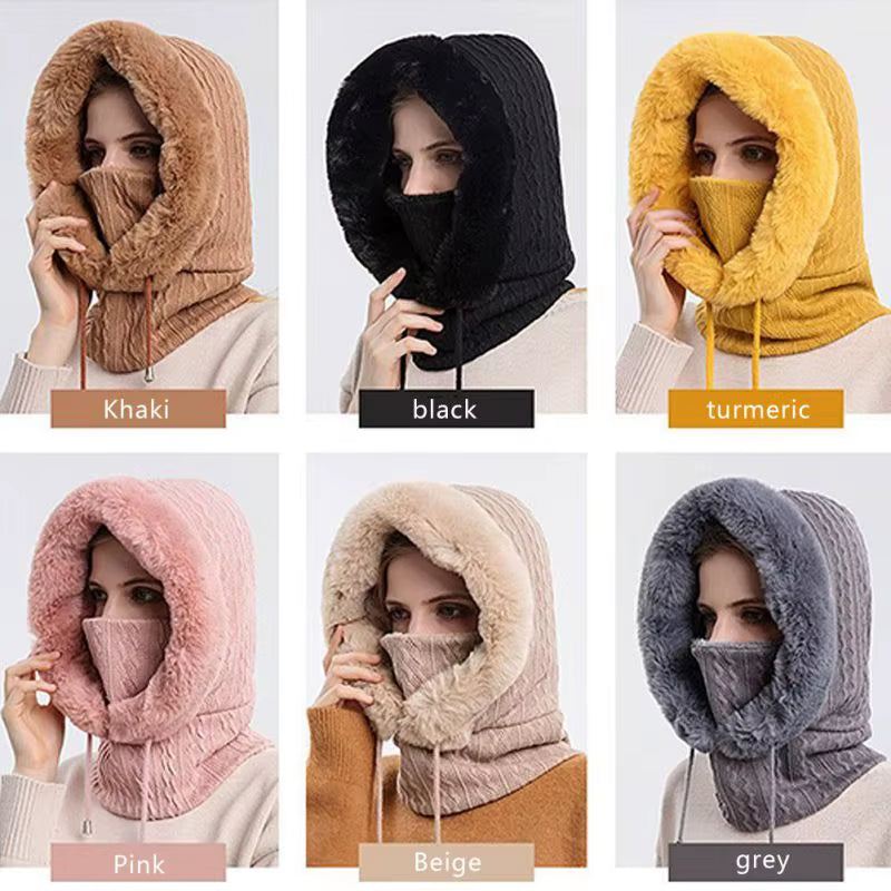 Women 3 In1 Knitted Caps Winter Warmer Unisex Hooded Hat Neck Collar Scarf Cap for Men&Women