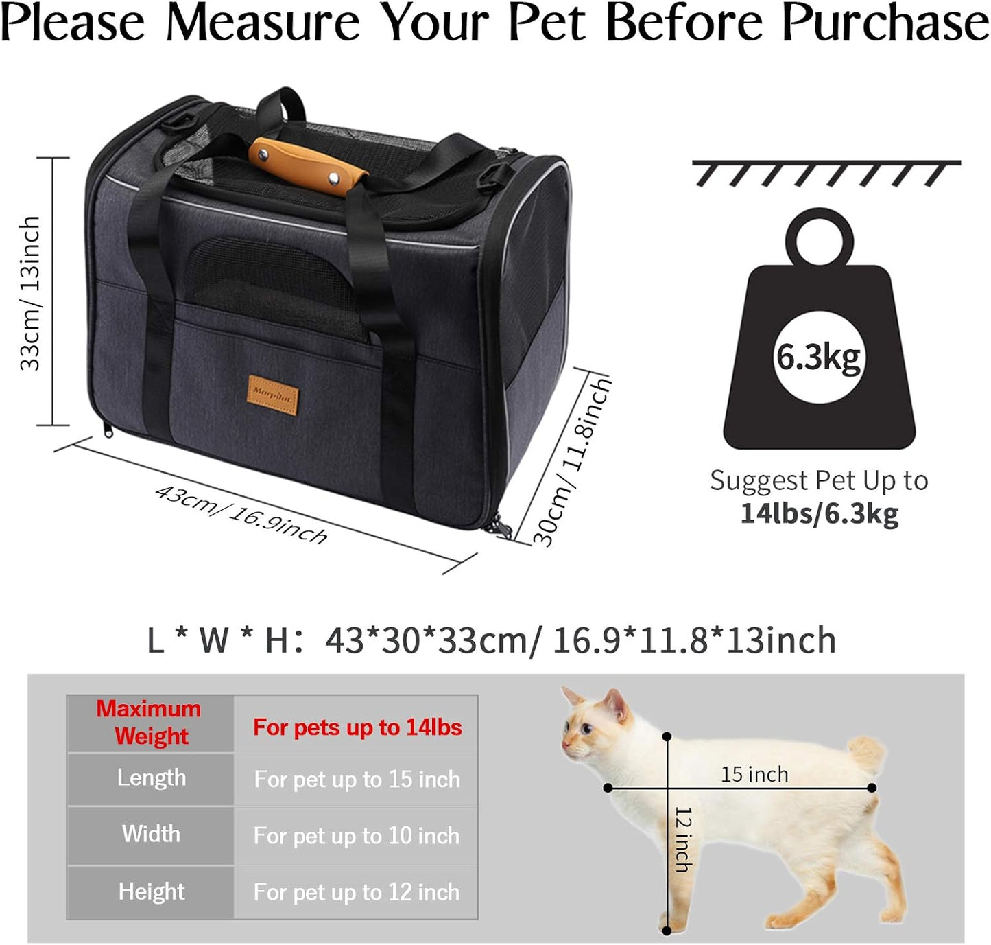 Cat Carrier, Portable Pet Carrier Bag for Cats and Small Dogs, Foldable Soft, Airline Approved Pet Travel