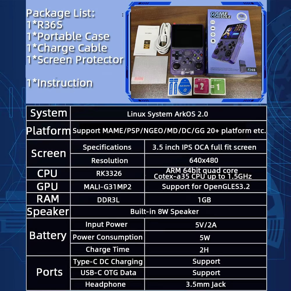 R36S Retro Game Console Handheld Video, Pocket Video Player 64GB 128GB 20000 Games