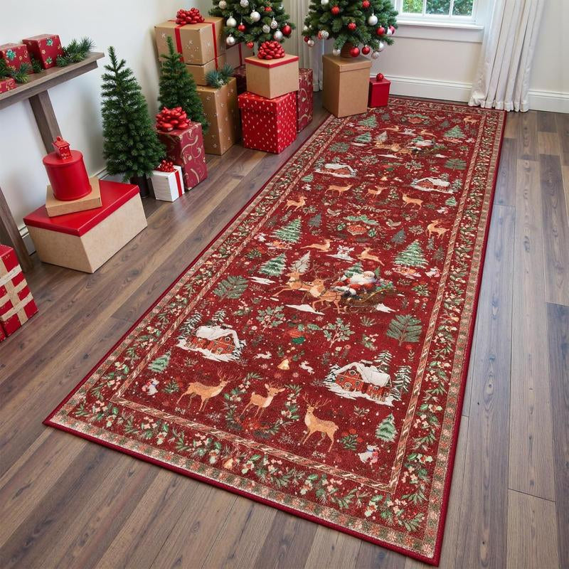 Christmas Deer Santa Long Rug, Multiple Patterns Available, Soft Durable Washable Carpet for Indoor Outdoor Use, Home Decor-Yy
