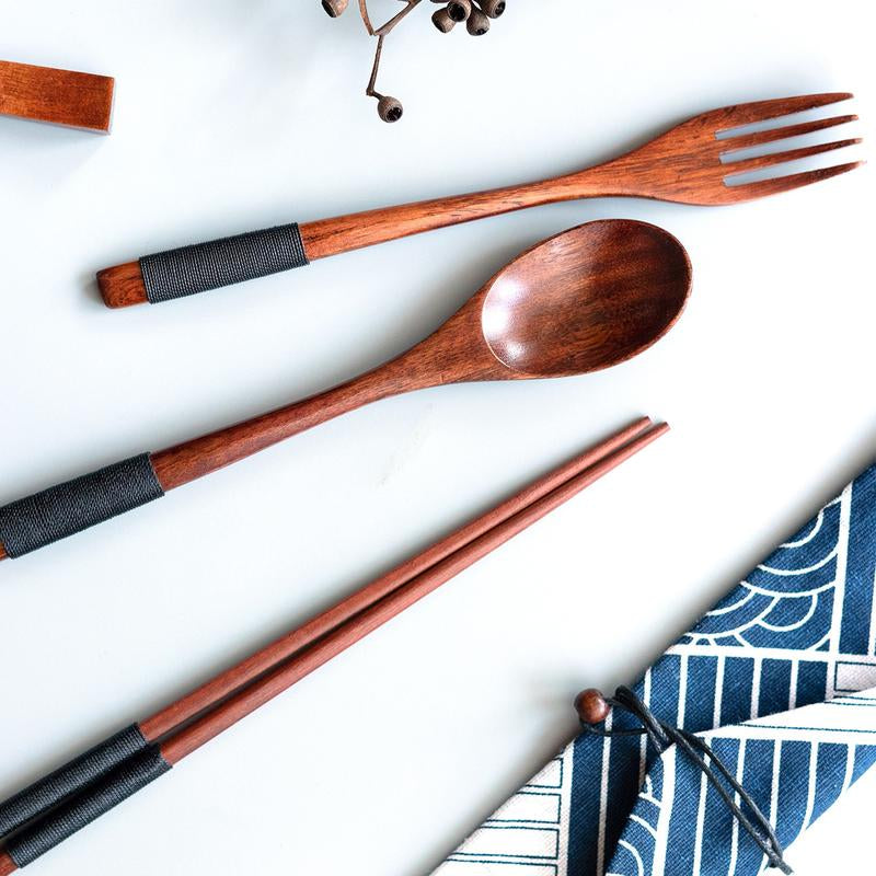 Wooden Tableware Set, 18 Counts Including Spoon, Chopsticks & Fork Set