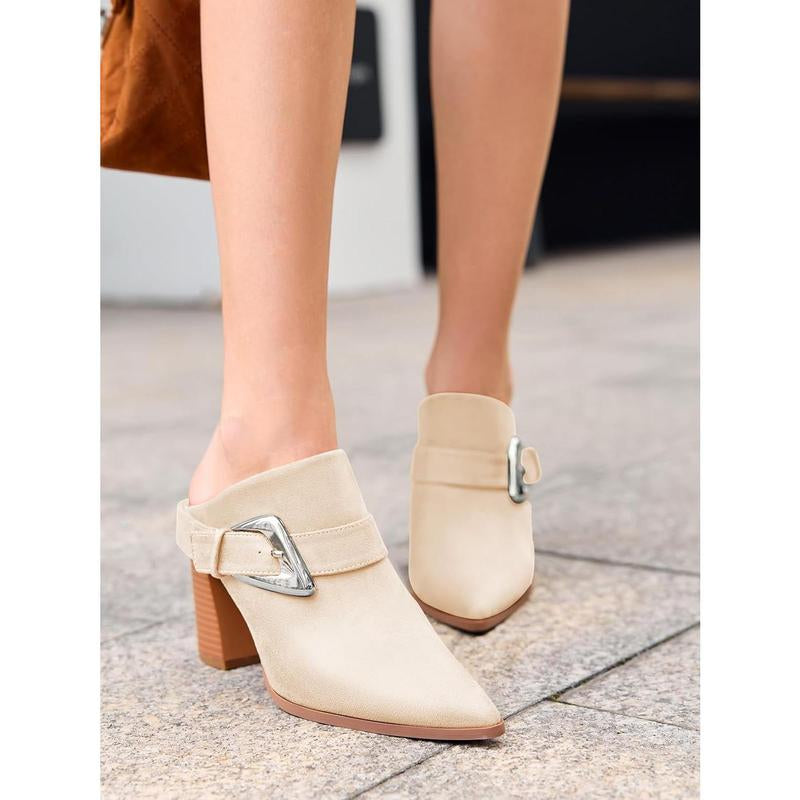 Fashare Womens Mules Boots Chunky Stacked Heel Pointed Toe Booties Slip on Dress Boot Shoes with Buckle Decoration