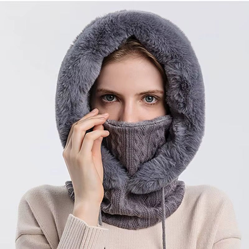 Women 3 In1 Knitted Caps Winter Warmer Unisex Hooded Hat Neck Collar Scarf Cap for Men&Women
