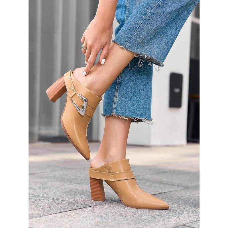 Fashare Womens Mules Boots Chunky Stacked Heel Pointed Toe Booties Slip on Dress Boot Shoes with Buckle Decoration