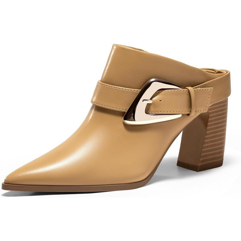 Fashare Womens Mules Boots Chunky Stacked Heel Pointed Toe Booties Slip on Dress Boot Shoes with Buckle Decoration