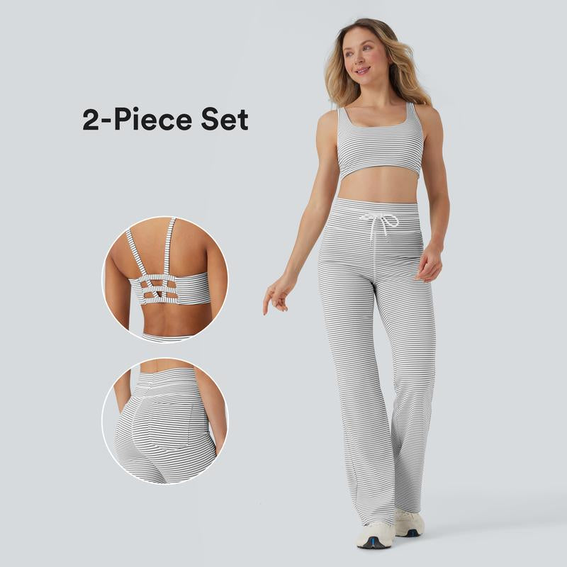 Halara 2-Piece Low Support U Neck Cut Out Stripe Yoga Sports Bra & Yoga Pants with Pockets Set