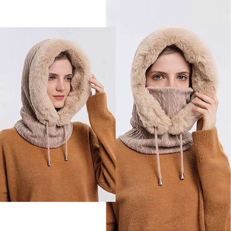 Women 3 In1 Knitted Caps Winter Warmer Unisex Hooded Hat Neck Collar Scarf Cap for Men&Women