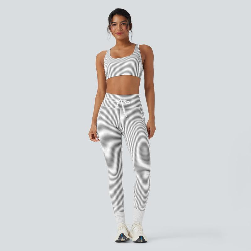 Halara 2-Piece Low Support U Neck Cut Out Stripe Yoga Sports Bra & Yoga Pants with Pockets Set