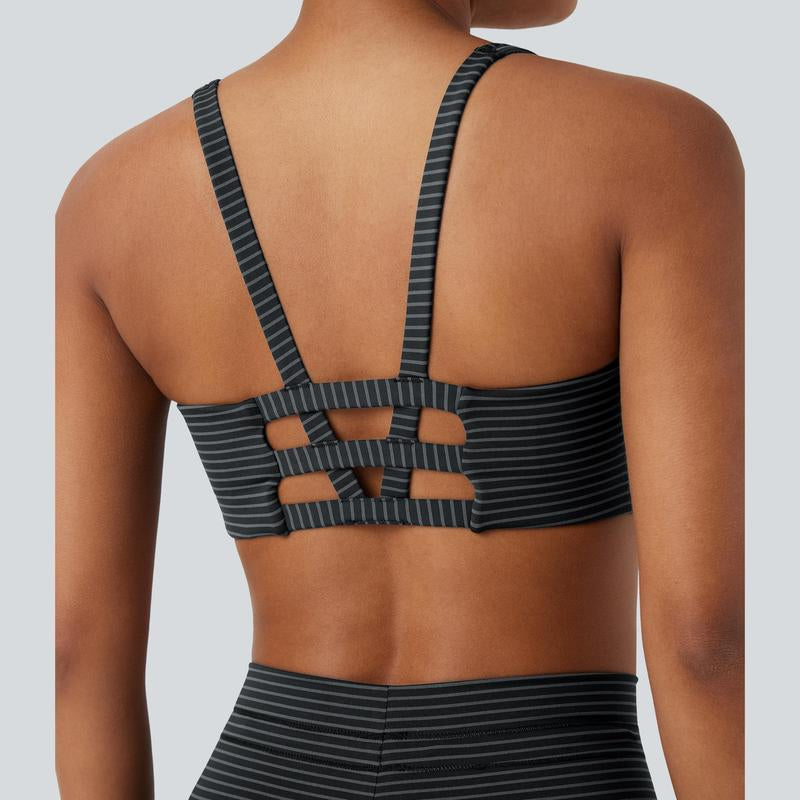 Halara 2-Piece Low Support U Neck Cut Out Stripe Yoga Sports Bra & Yoga Pants with Pockets Set