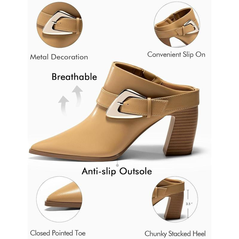 Fashare Womens Mules Boots Chunky Stacked Heel Pointed Toe Booties Slip on Dress Boot Shoes with Buckle Decoration